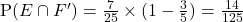 \text{P}(E \cap F') = \frac{7}{25} \times (1 - \frac{3}{5}) = \frac{14}{125}