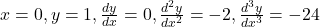 x = 0, y = 1, \frac{dy}{dx} = 0, \frac{d^2y}{dx^2} = -2, \frac{d^3y}{dx^3} = -24