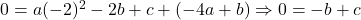 0 = a(-2)^2 -2b + c + (-4a + b) \Rightarrow 0 = -b + c