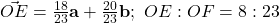 \vec{OE} = \frac{18}{23} \textbf{a} + \frac{20}{23} \textbf{b};~ OE:OF=8:23