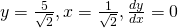 y = \frac{5}{\sqrt{2}}, x = \frac{1}{\sqrt{2}}, \frac{dy}{dx} = 0