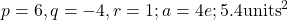 p = 6, q = -4, r =1; a = 4e; 5.4 \text{units}^2