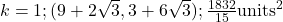 k=1; (9+2\sqrt{3}, 3 + 6\sqrt{3}); \frac{1832}{15} \text{units}^2