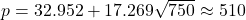 p = 32.952 + 17.269 \sqrt{750} \approx 510