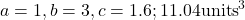 a = 1, b = 3, c = 1.6; 11.04 \text{units}^3