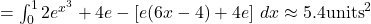 = \int_0^1 2e^{x^3} + 4e - [e(6x-4) + 4e]~dx \approx 5.4 \text{units}^2