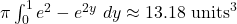 \pi \int_0^1 e^2 - e^{2y}~dy \approx 13.18 \text{~units}^3