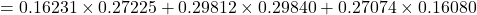 = 0.16231 \times 0.27225 + 0.29812 \times 0.29840 + 0.27074 \times 0.16080